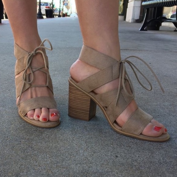 Ash Gray Block Heel Caged Lace Up Gladiator Heels - Picture 2 of 5
